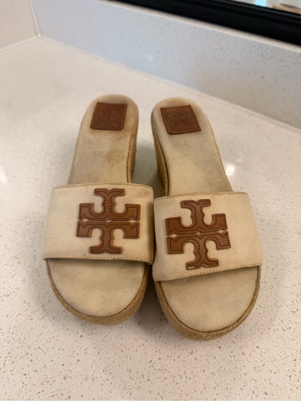 Tory Burch Beige Canvas Espadrille Slide Sandals